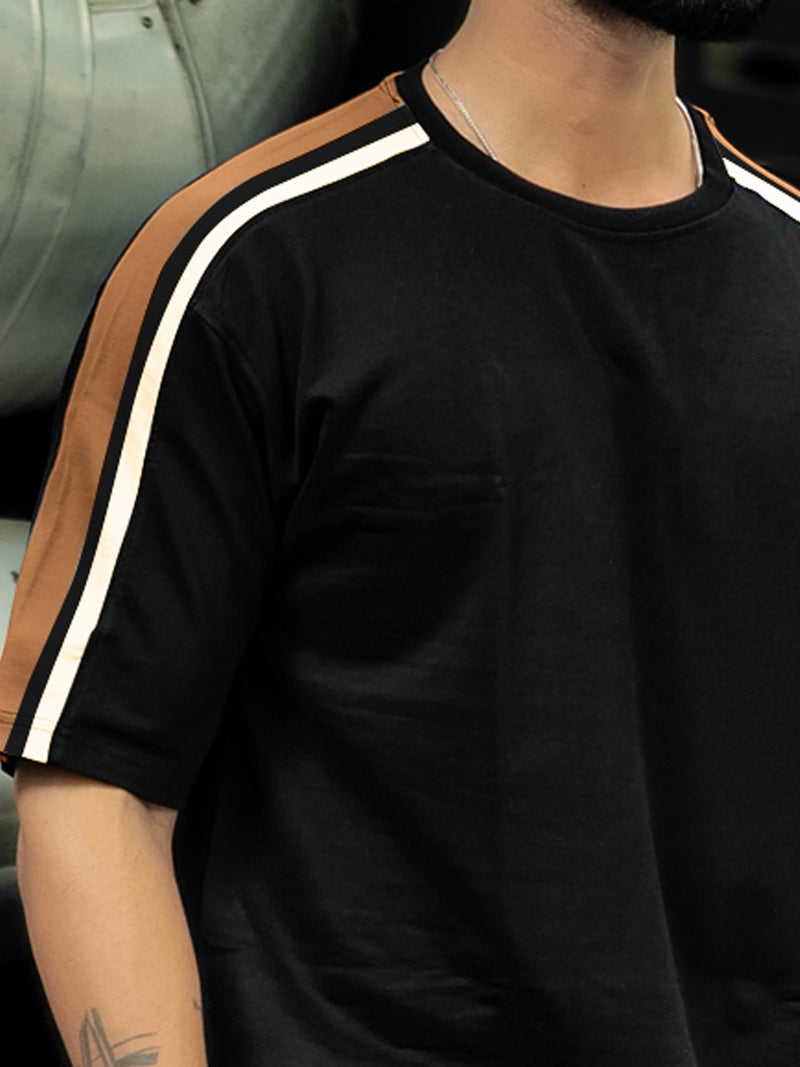 Maniac Mens Colorblock Side Tape Round Neck Half Sleeve Black and Brown Cotton Co-Ords - Image 3